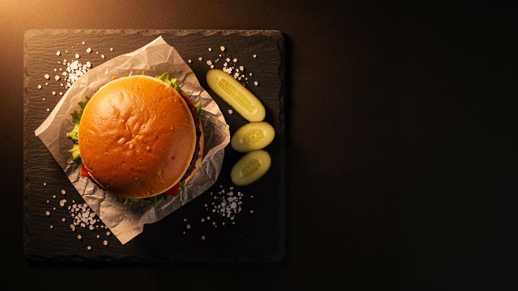 A classic single smash burger wrapped in wax paper with a pickle spear