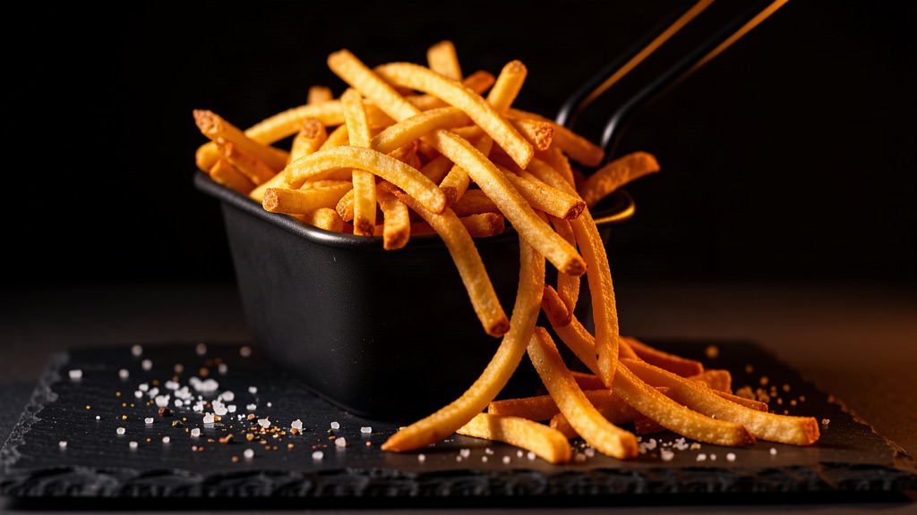 Golden hand-cut fries spilling from a black metal basket, salted and glistening