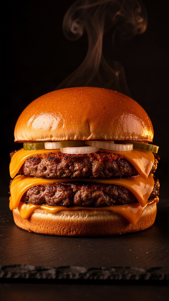 Apex double smash burger with lace-crisp seared edges and melted American cheese on a toasted brioche bun