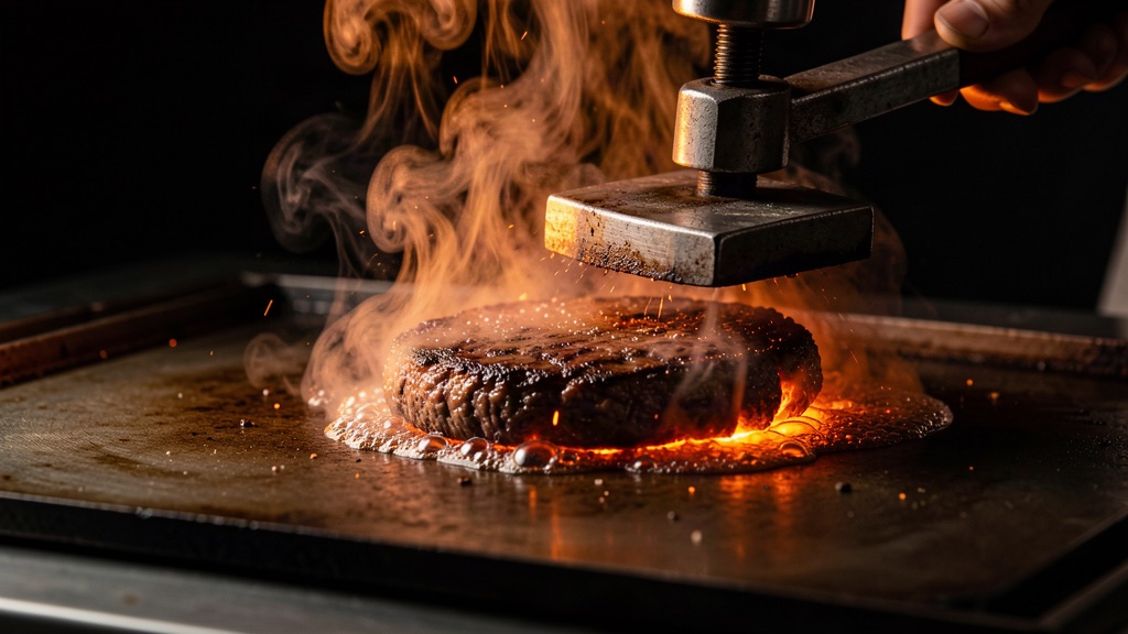 A beef patty pressed onto a scorching flat-top griddle, smoke and sear in progress